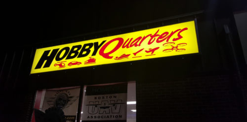 Hobby Quarters Backlit Sign at Night